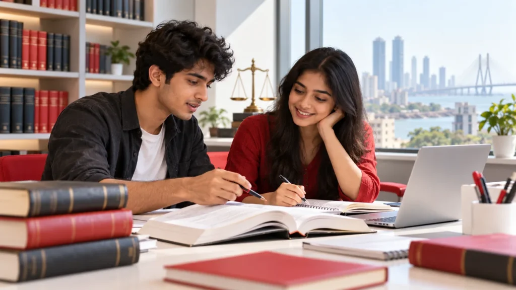 Students comparing CLAT and MH CET Law preparation notes in a library