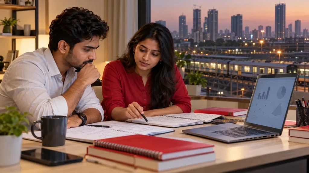 Two working professionals studying MBA CET reasoning and quantitative aptitude in Mumbai