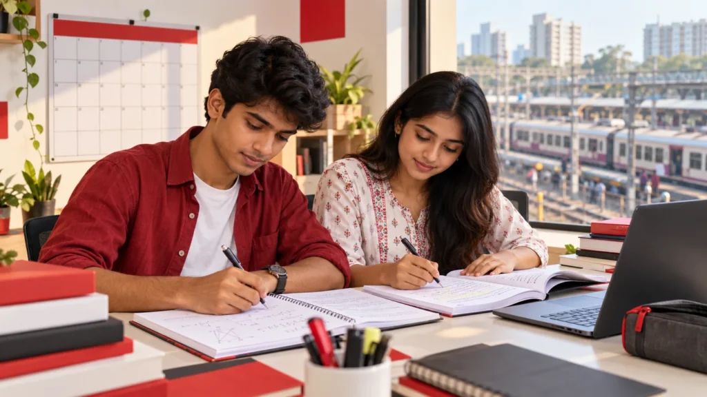 Two students reviewing SSC CHSL study notes near a Mumbai railway station